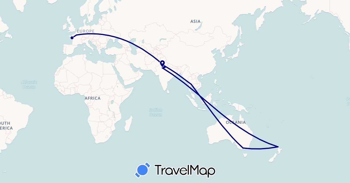 TravelMap itinerary: driving in Australia, France, India, New Zealand, Thailand (Asia, Europe, Oceania)